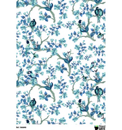 Papel Adhesivo Flores y pajaros azules A4
